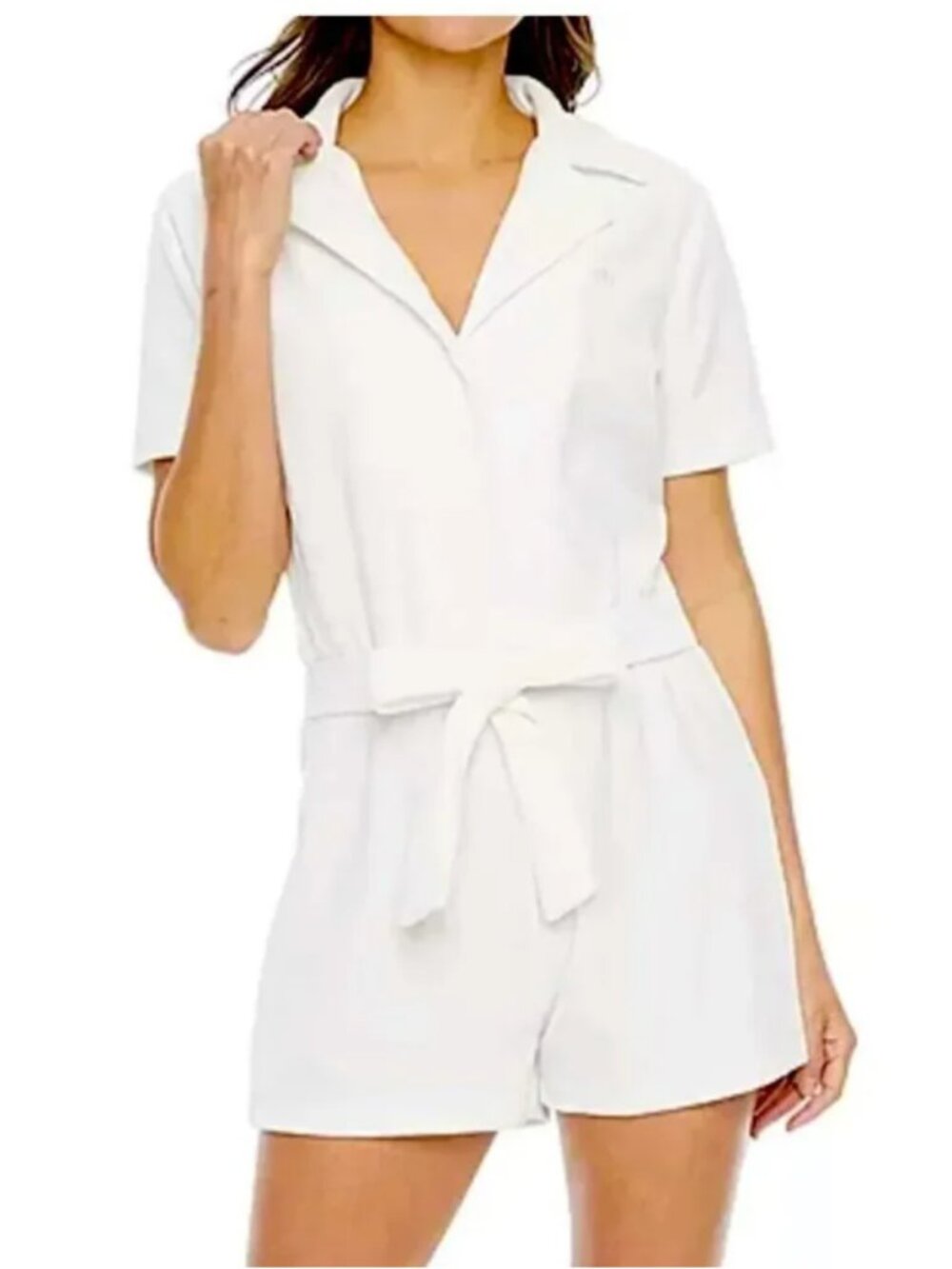 Juicy Couture Velour Terry Button Down Romper with Tie Belt White Size M
